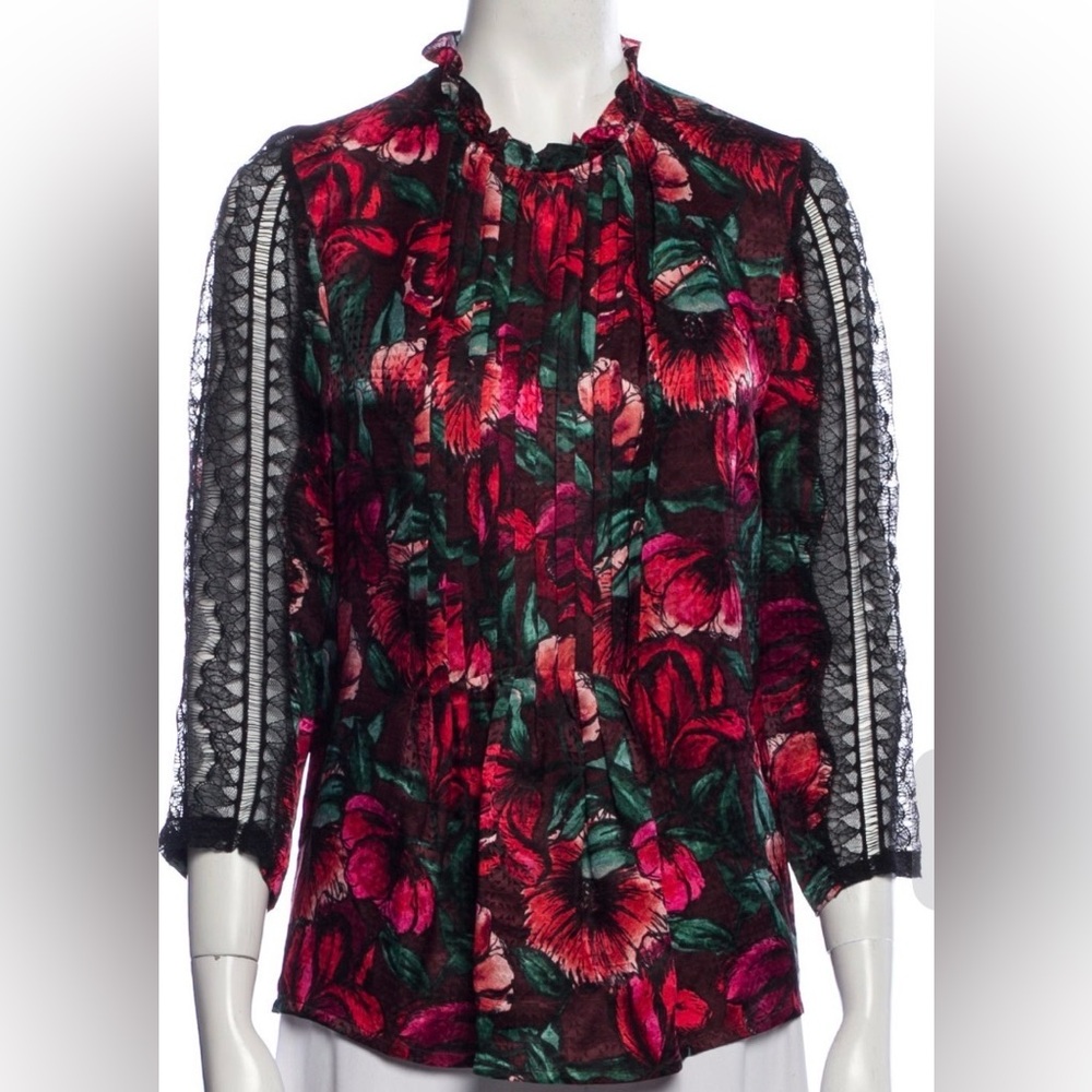 Sandro Red and Green Floral Lace Blouse